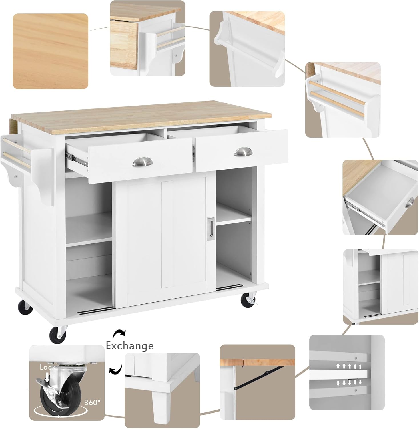 Mobile Kitchen Island Cart with Spice Rack and Towel Rack, Rolling with Drop Leaf, 2 Drawers and Sliding Barn Doors B9917