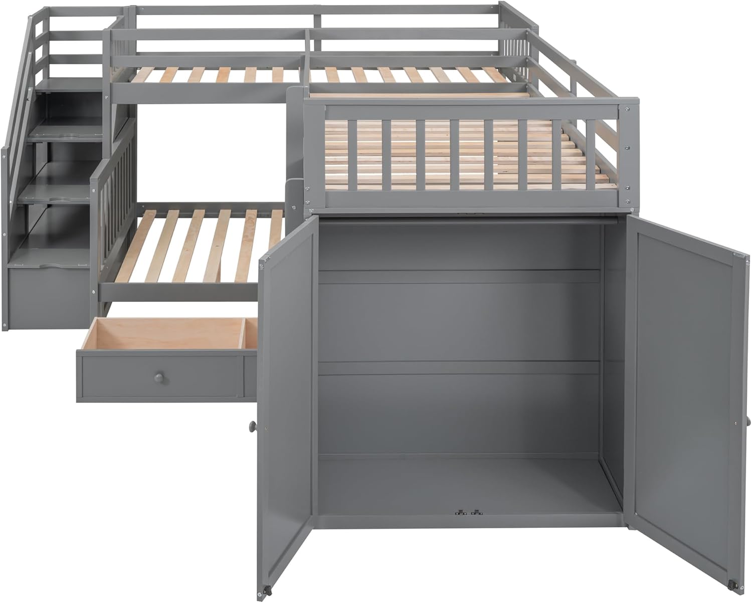 Twin Over Full Wooden Bunk Bed with Stairs, Desk, Storage and Wardrobe D3913