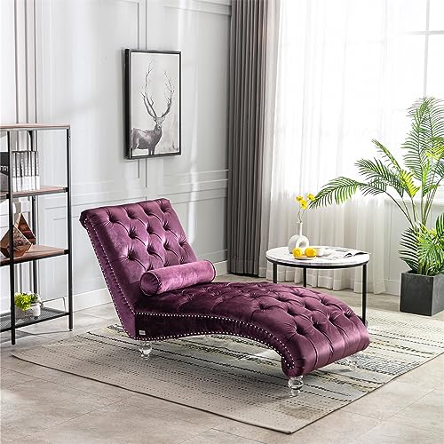 Velvet Chaise Sofa with Lumbar Pillow, Modern Ergonomic Upholstered Concubine Sofa Chair, Comfy Button-Tufted Sleeper Recliner Sofa for Living Room, Bedroom, Balcony, Emerald