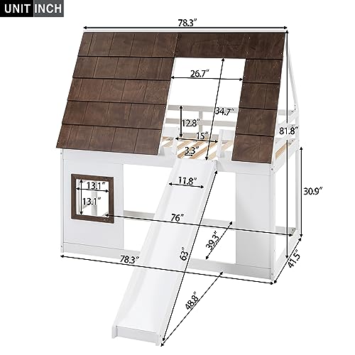 Twin-Over-Twin House Bunk Bed with Storage and Staircase, Gray+White V121339