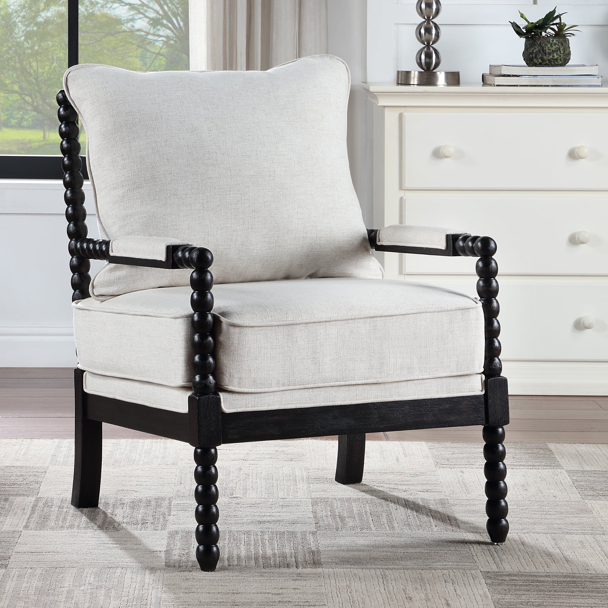 Duhome Upholstered Dining Chair Spindle Spool Accent Chair Linen Fabric Armchair with Wood Frame, Black+Beige
