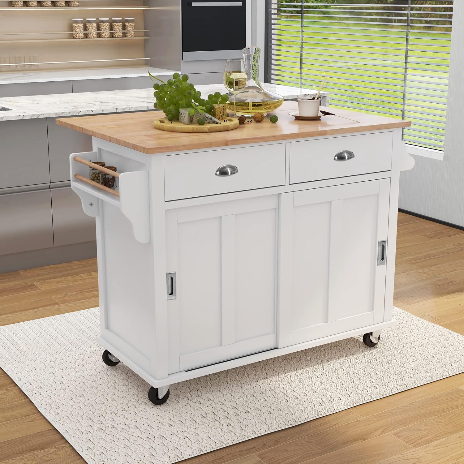 LUMISOL Mobile Kitchen Island Cart with Spice Rack and Towel Rack, Rolling Kitchen Island with Drop Leaf, 2 Drawers and Sliding Barn Doors