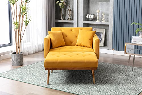 Tufted Velvet Sofa Chaise Lounge with Adjustable Backrest and Pillows W7561