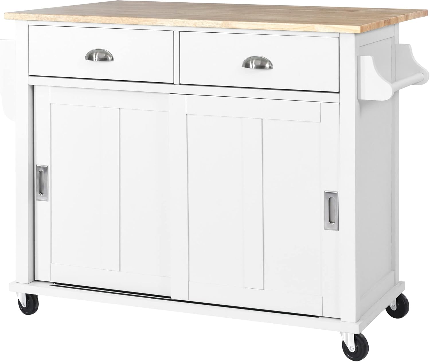 Mobile Kitchen Island Cart with Spice Rack and Towel Rack, Rolling with Drop Leaf, 2 Drawers and Sliding Barn Doors B9917