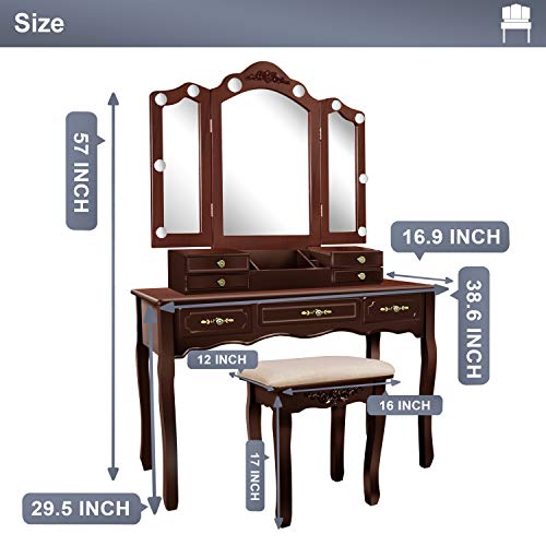 Vanity Beauty Station with Tri-Folding Mirrors, 7 Drawers and Cushioned Stool U884