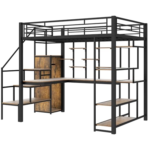 Full Size Metal Loft Bed with Storage Staircase and Desk I161867
