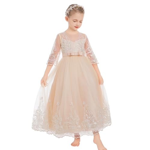 IDOPIP Flower Girl Lace Dress for Kids Wedding Bridesmaid Pageant Party Formal Gown Princess Communion Puffy Tulle Dresses