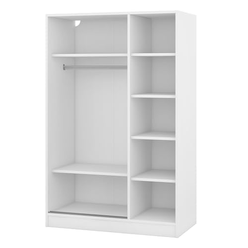 3-Door Mirror Wardrobe with 2 Drawers & Top Cabinets, Freestanding Closet with Hanging Rail & Shelves A228
