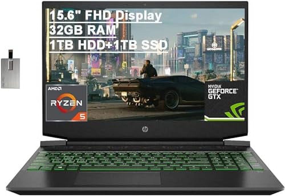 HP Pavilion 15.6" FHD Gaming Laptop Laptop Computer, AMD Ryzen 5-4600H, 32GB RAM, 1TB HDD+1TB SSD, Backlit Keyboard, B&O Audio, HD Webcam, GeForce GTX 1650, Win10, Black, 32GB USB Card
