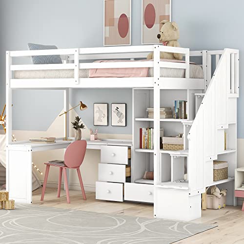 Harper & Bright Designs Twin Size Loft Bed with Storage Stairs, Wood Loft Bed with Wardrobes Space Saving Loftbed Frame for Kids & Teens Bedroom, White
