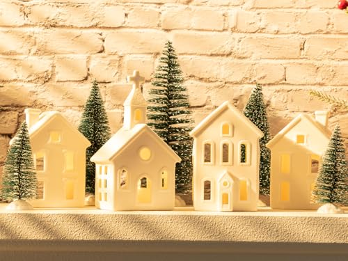 9 Pcs Christmas Village Figurines Set with Lighted Ceramic Houses and Trees O3990