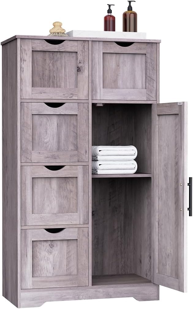 Bathroom Floor Storage Cabinet, Side Storage Organizer with 4 Drawers & Adjustable Shelves, Wooden Freestanding Storage Unit Console Table for Living Room, Home Office, Kitchen, 11.8" x 23.6" x 41.7"