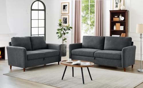 Linen Sofa Couch with Storage and 2 Pillows, 3-Seat, Dark Grey A76996