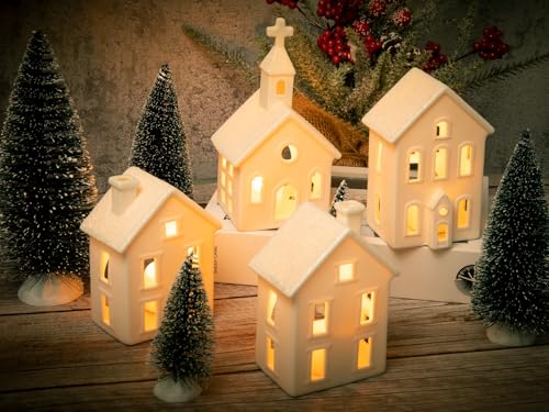 9 Pcs Christmas Village Figurines Set with Lighted Ceramic Houses and Trees O3990