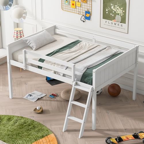 Full Size Wood Low Loft Bed with Convertible Ladder, Solid Wood Bed Frame with Safety Guardrail, 350 lbs Weight Capacity, No Box Spring Required, for Girl Boy Kid Bedroom (Gray-072)