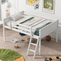 Full Size Wood Low Loft Bed with Convertible Ladder, Solid Wood Bed Frame with Safety Guardrail, 350 lbs Weight Capacity, No Box Spring Required, for Girl Boy Kid Bedroom (Gray-072)
