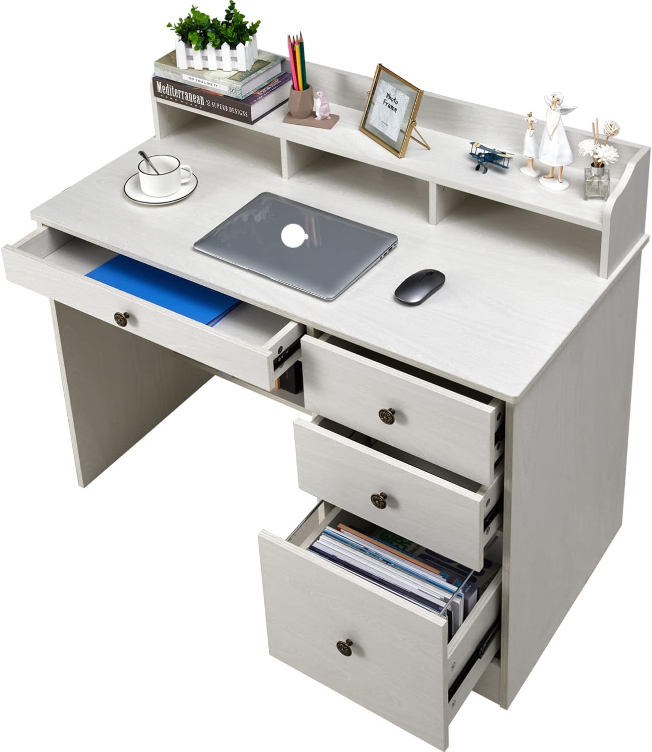 Computer Desk with 4 Storage Drawers and Hutch Shelf, Oak White Y87548