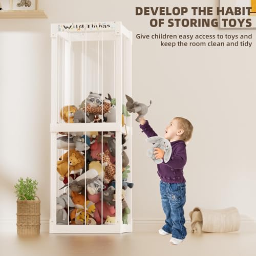 Wooden Stuffed Animal Storage Cage with Elastic Rope, 60 Inch, White U27216