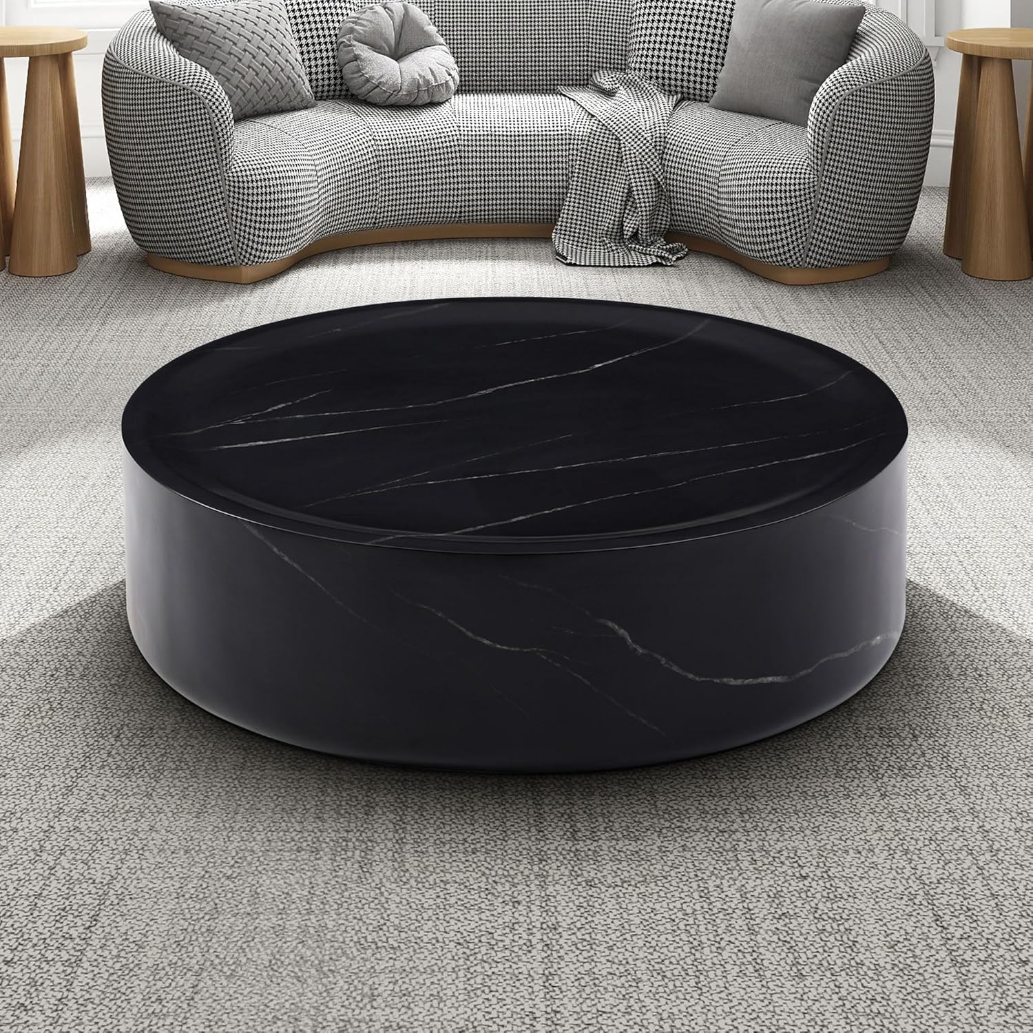 31.5" Round Marble Coffee Table for Living Room Modern Black H69892