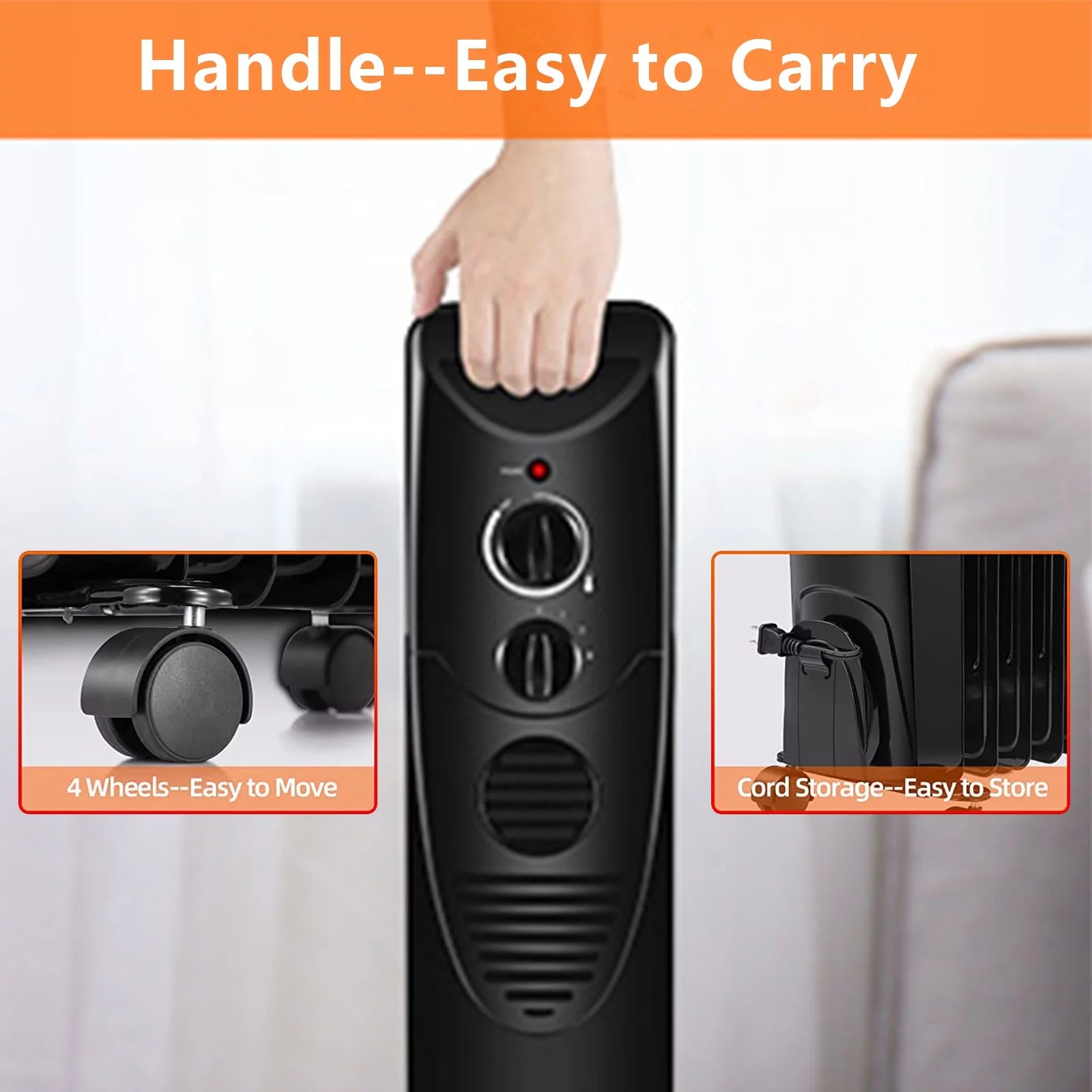 Oil Filled Radiator Heater, Portable Electric, 3 Heat Settings, Black H444601