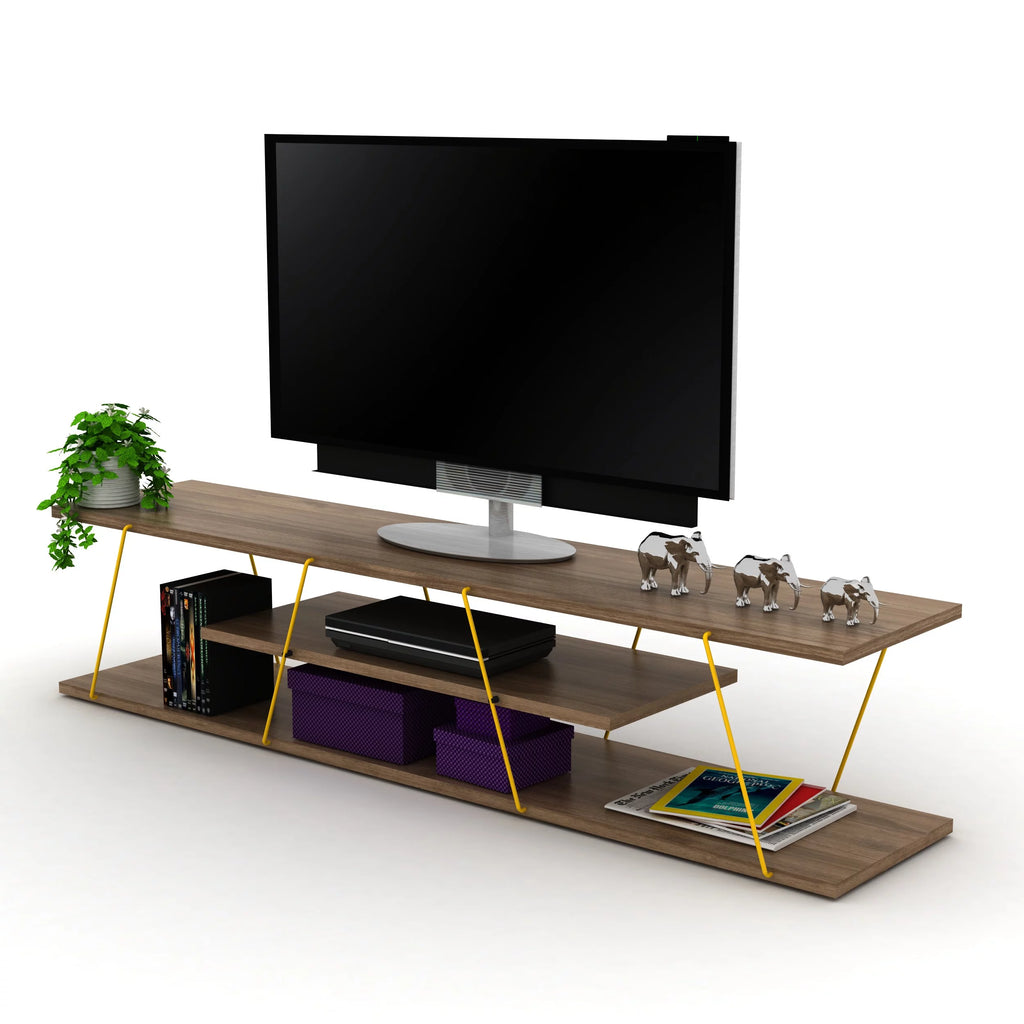 Mid Century Modern TV Stand with 4 Shelves, 56 inch, Walnut/Yellow O6743