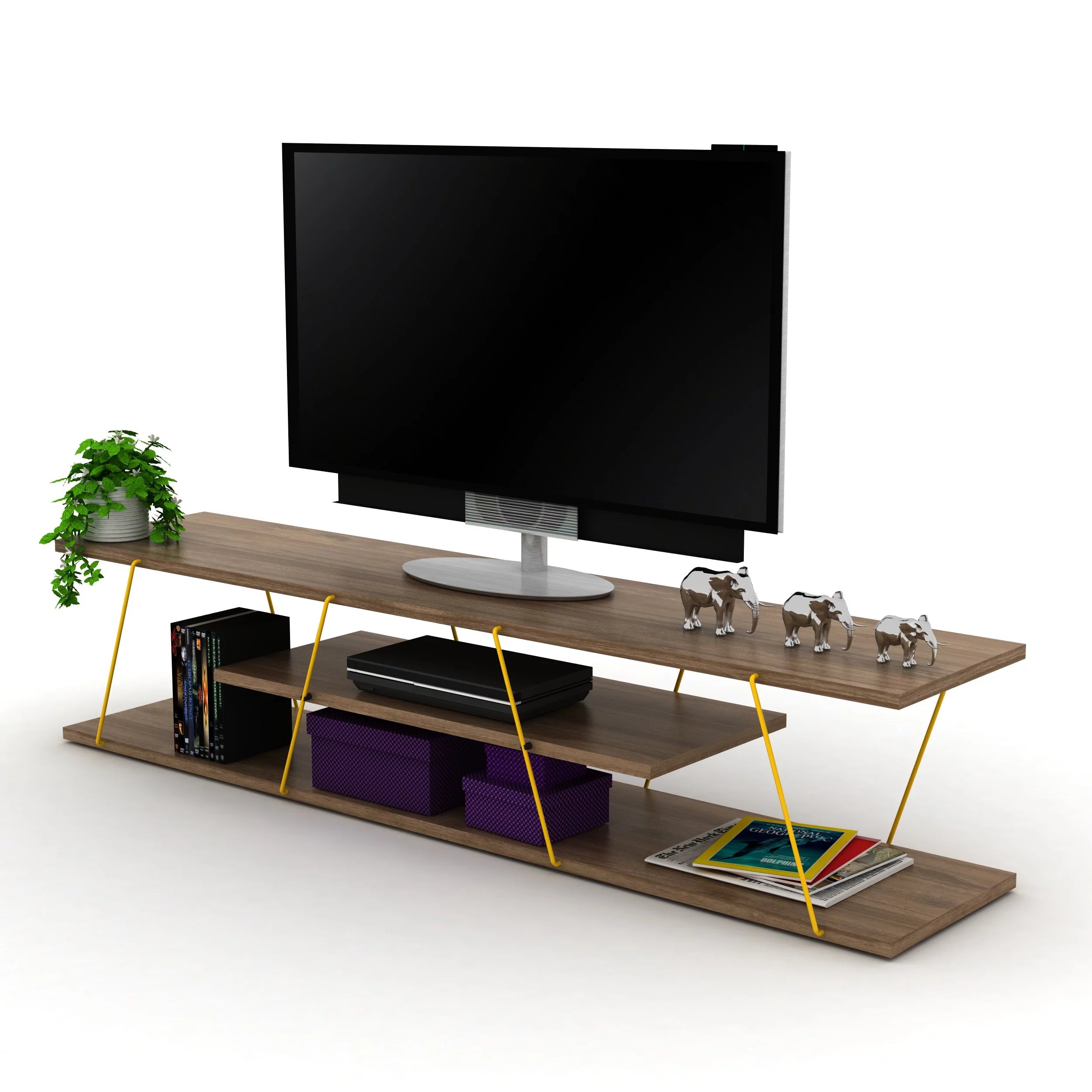 Mid Century Modern TV Stand with 4 Shelves, 56 inch, Walnut/Yellow O6743