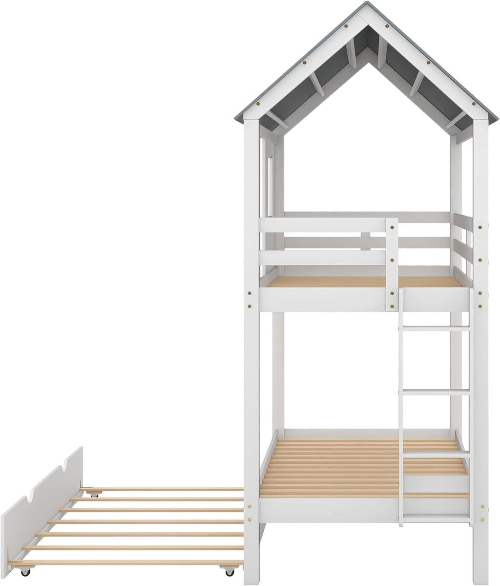 Wood House Bunk Bed with Trundle, Twin Over Twin with Guardrails and Ladder, White S560