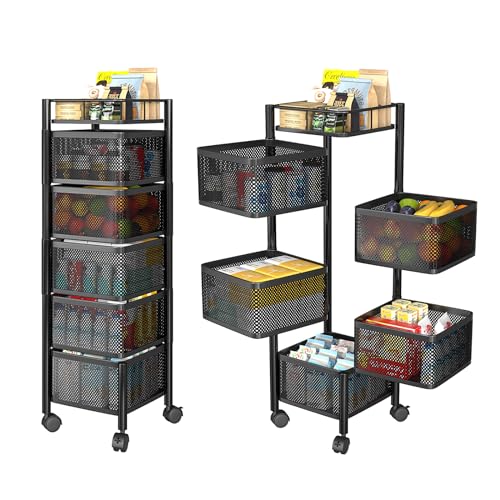 Rotating Storage Rack for Kitchen, Vegetable and Fruit Storage Basket with Wheels, Standing Rolling Storage Cart, Fruit Vegetable Snack, Mobile Utility Cart for Bathroom, Living Room (5 Tier, Black)
