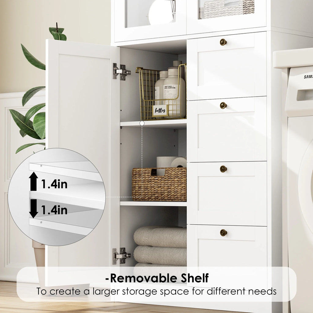 Bathroom Cabinet with Glass Doors and 4 Drawers, White P117526