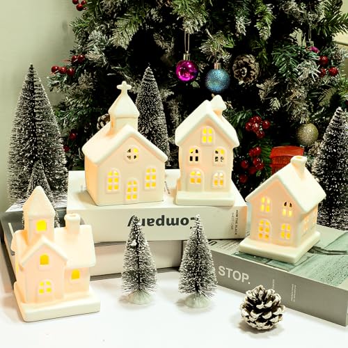 9 Pcs Christmas Village Figurines Set with Lighted Ceramic Houses and Trees O3990