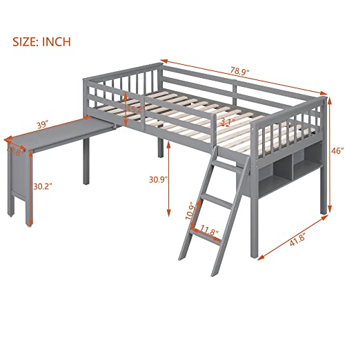 Wooden Full Size Low Loft Bed with Rolling Desk, Chair, and Cabinets for Kids S1286