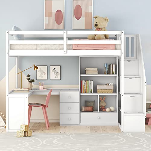 Twin Size Loft Bed with Storage Stairs and Wardrobes U8458