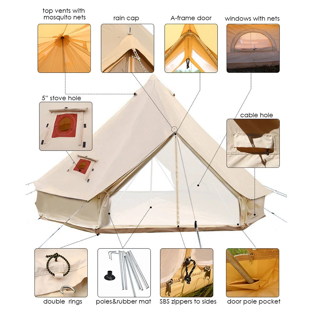 6M Double Door Bell Tent Waterproof Cotton Canvas Glamping Yurt I127