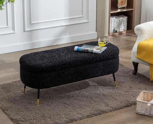 EALSON Modern Storage Bench Sherpa Storage Ottoman Bench with Metal Legs Upholstered Bedroom End of Bed Bench Long Seating Bench Entryway Stool for Living Room/Foyer, Black