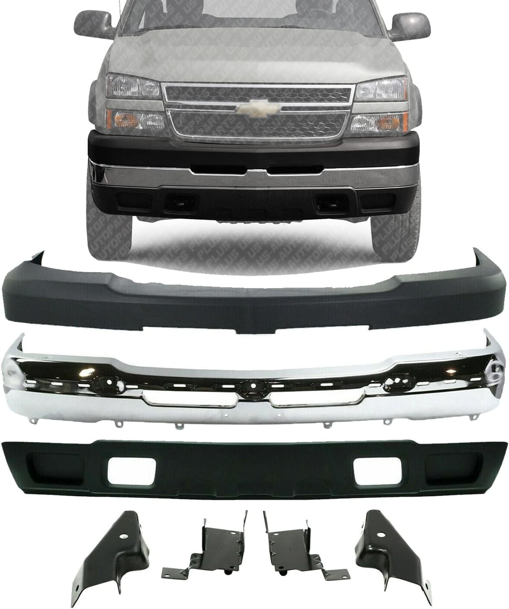 US AUTO PARTS PLUS Front Bumper Chrome Steel+Upper Cover+Lower Valance Textured+Bracket Set Left Right Side 2003-2006 Chevrolet Silverado 2500HD 3500 Direct Replacement GM1002416 GM1051109 GM1061101