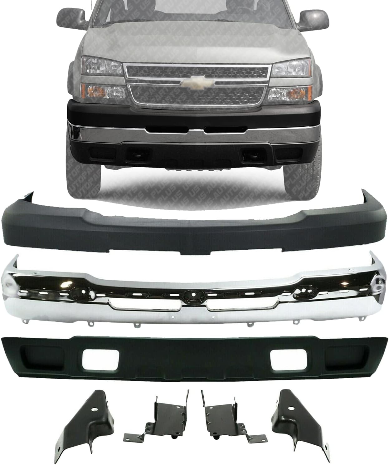 US AUTO PARTS PLUS Front Bumper Chrome Steel+Upper Cover+Lower Valance Textured+Bracket Set Left Right Side 2003-2006 Chevrolet Silverado 2500HD 3500 Direct Replacement GM1002416 GM1051109 GM1061101