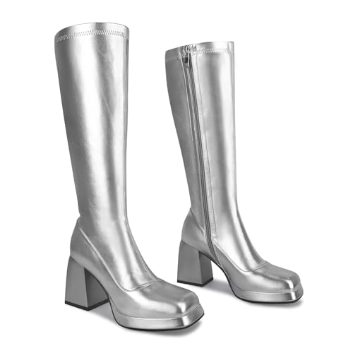 Knee High Gogo Boots with Square Toe and Chunky Heel K58349