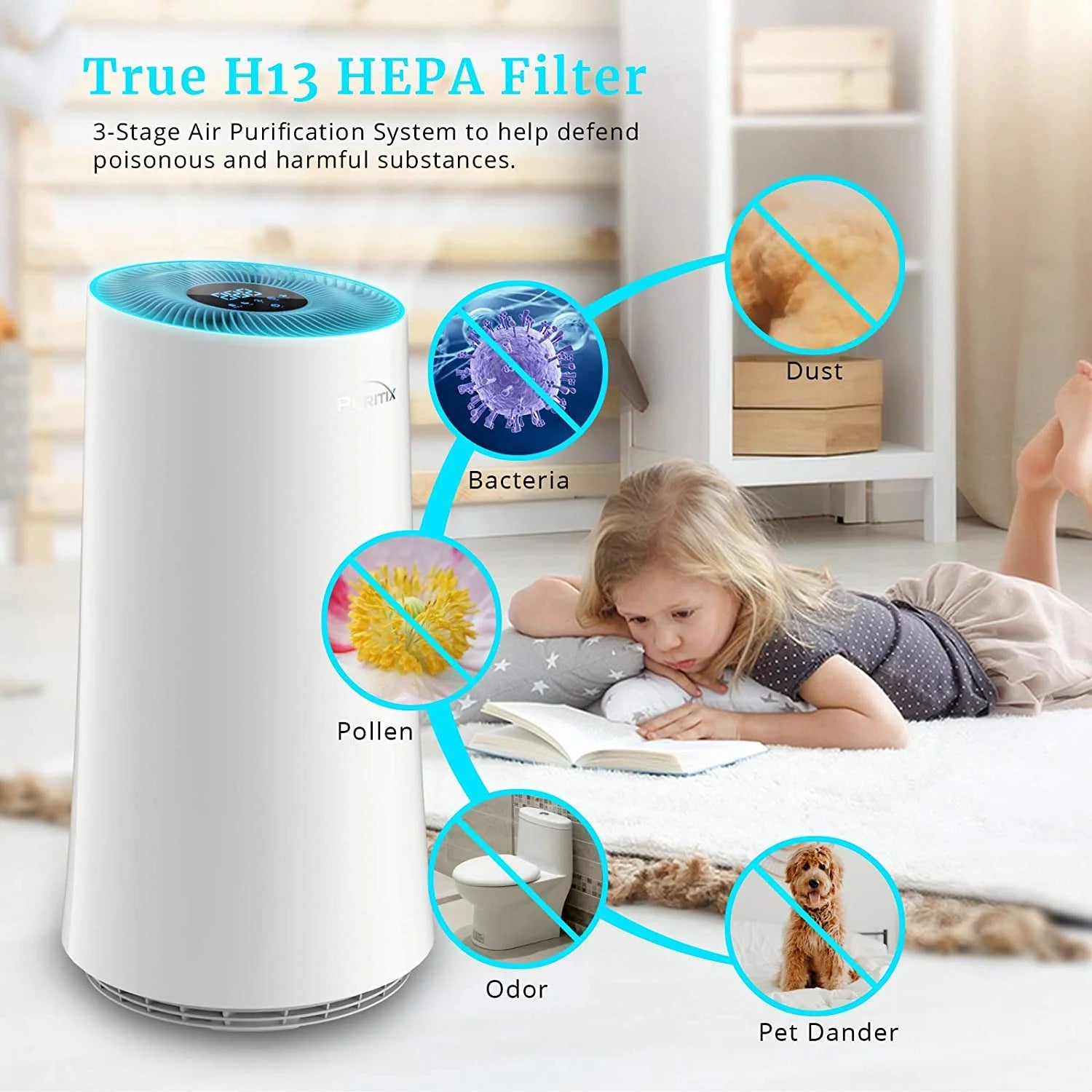 Air Purifier H13 True HEPA for Bedroom Office Pets Hair Smoke Dust G42205