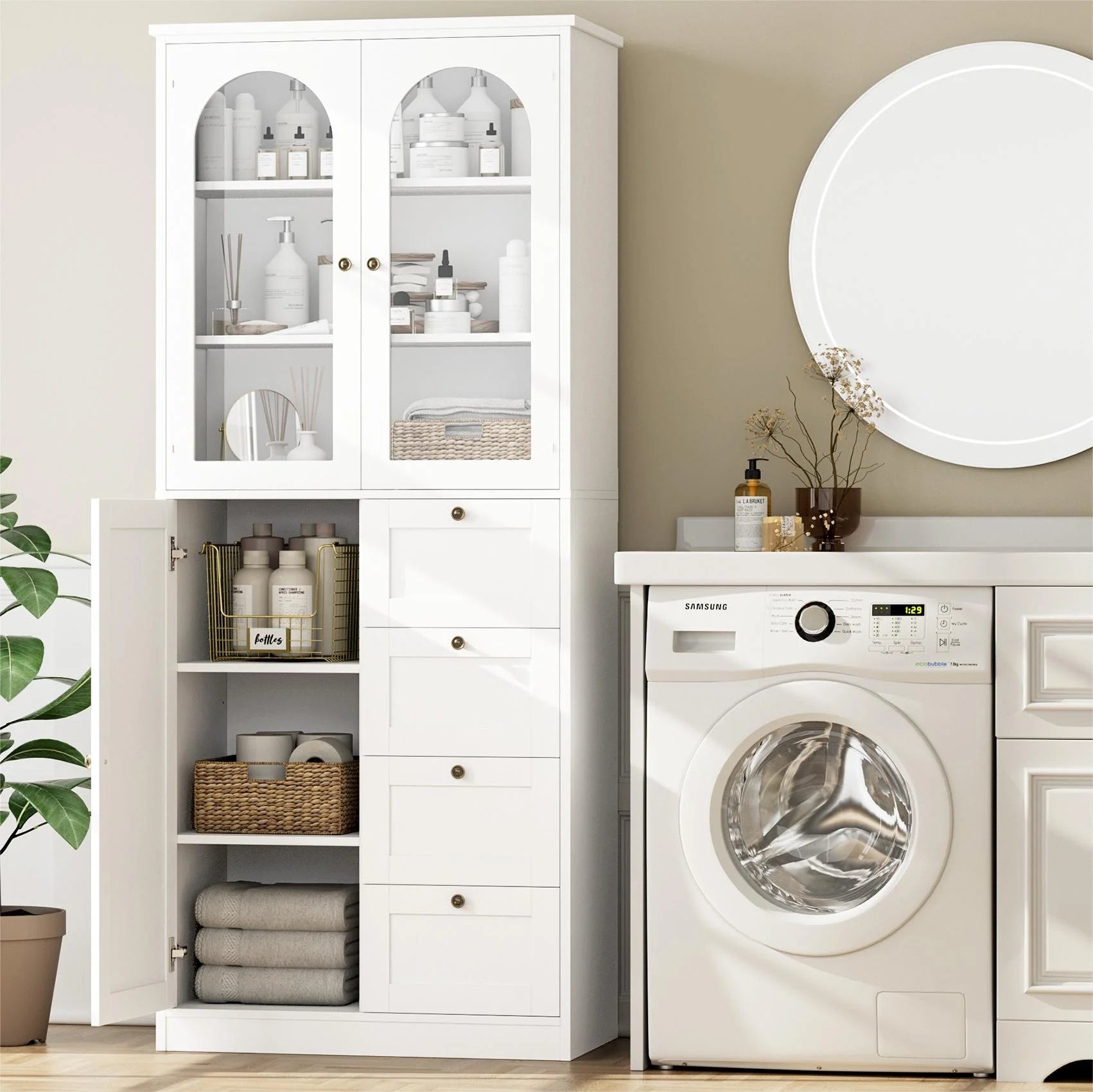 Homfa 70.9" Bathroom Cabinet with Glass Doors and 4 Drawers, Wood Linen Cabinet Tall Storage Cabinet with Adjustable Shelves, White