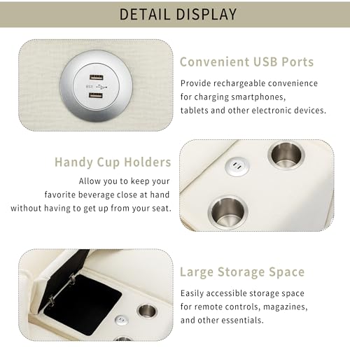 Sectional Sofa with Removable Ottoman, USB Ports, Cup Holders and Storage, 2-Seat, Beige J5144