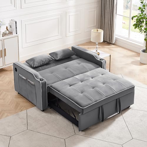 Convertible Sleeper Sofa Bed with Pull Out Bed, Adjustable Backrest, Gray H87271